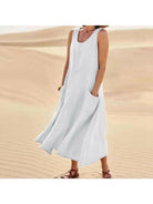Lumina Vancouver LULU™ elegant khaki dress with pockets, stylish sleeveless design perfect for casual or semi-formal wear.