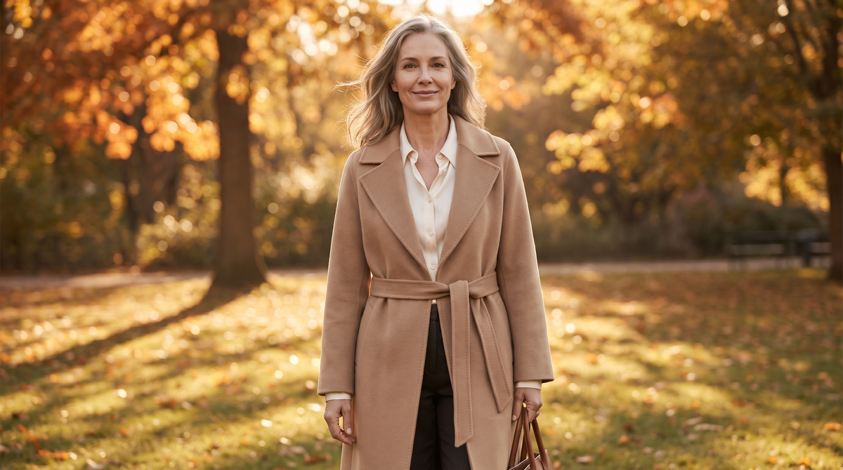 Lumina Wear Coats promo banner, elegant model in tailored overcoat