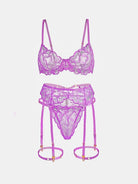 Purple embroidery lingerie set with three pieces, featuring delicate lace and satin details from Lumina Vancouver.