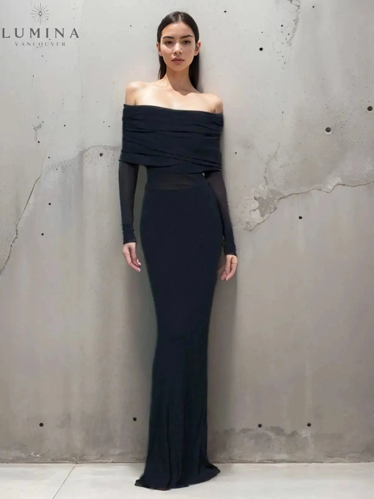 Black Abriella off-shoulder mesh maxi dress by Lumina Vancouver, perfect for autumn, featuring layered overfold design.
