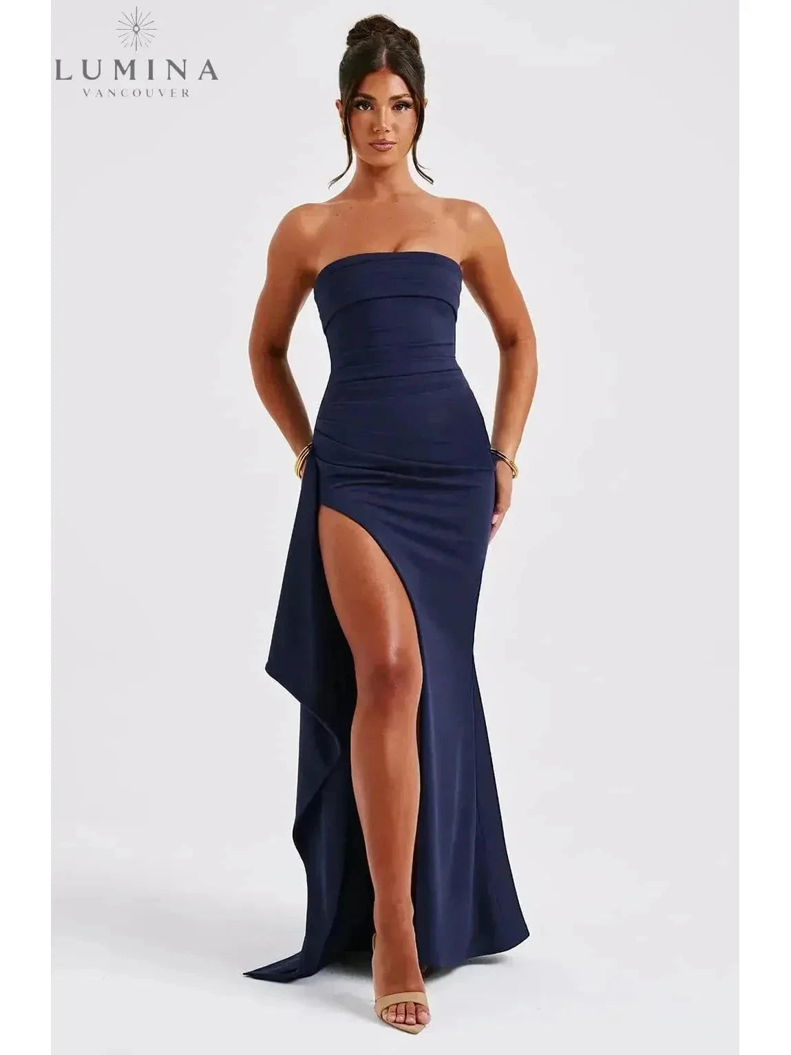 Black Ailiana Radiance Split Dress by Lumina Vancouver, featuring elegant design and stylish split detailing.