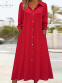 Black Charlotte button front shirt dress by Lumina Wear, featuring a classic collar, long sleeves, and a relaxed fit.
