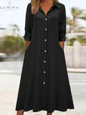 Black Charlotte Button Front Shirt Dress by Lumina Wear, featuring a classic collar, long sleeves, and a relaxed fit.