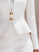 Lumina Wear Harriet white stand collar peplum blazer with gold buttons, tailored for a stylish, fitted look.