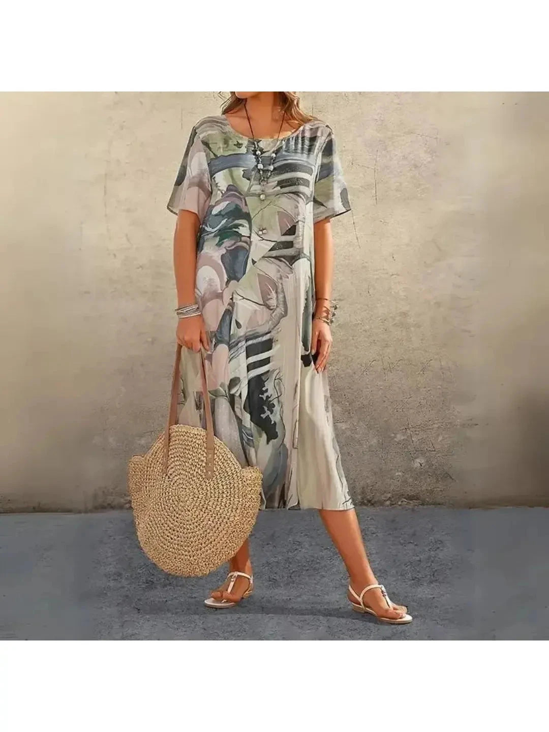 Lumina Vancouver Aslaug elegant multi-color floral dress with blue and Celeste tones, flowing fabric and intricate floral pattern.