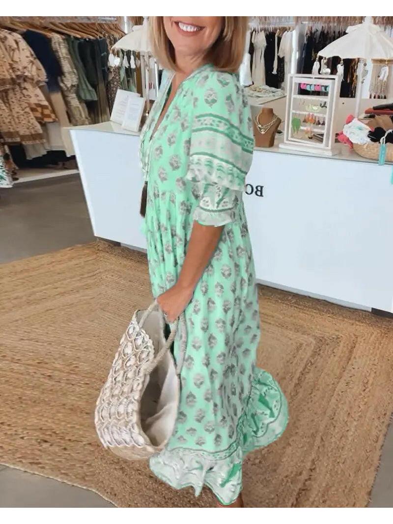 Blue Estrella casual half-sleeve maxi dress by Lumina Vancouver, flowing fabric with a relaxed fit and elegant design.