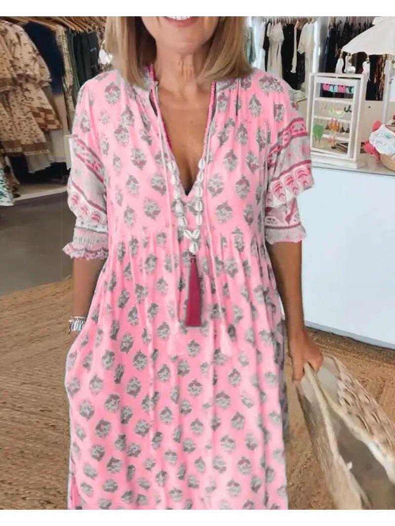 Blue Lumina Vancouver Estrella casual half-sleeve maxi dress displayed on a model, featuring a flowing silhouette and relaxed fit.