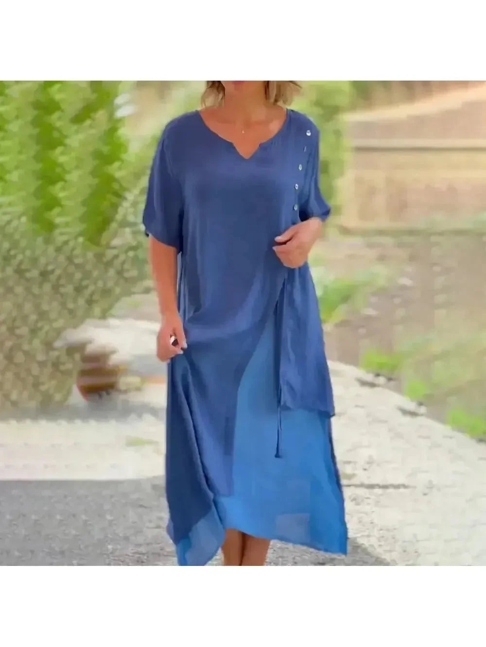 Blue Lumina Vancouver Rosalie maxi dress in a classic solid color, flowing fabric with a relaxed fit.