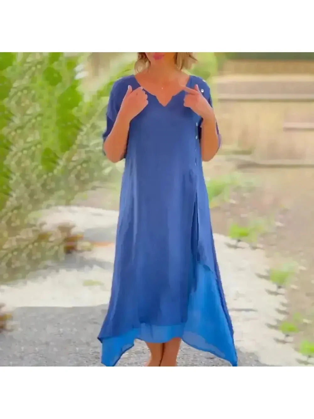Lumina Wear Rosalie solid blue maxi dress, flowing full-length dress with a classic silhouette and sleeveless design.