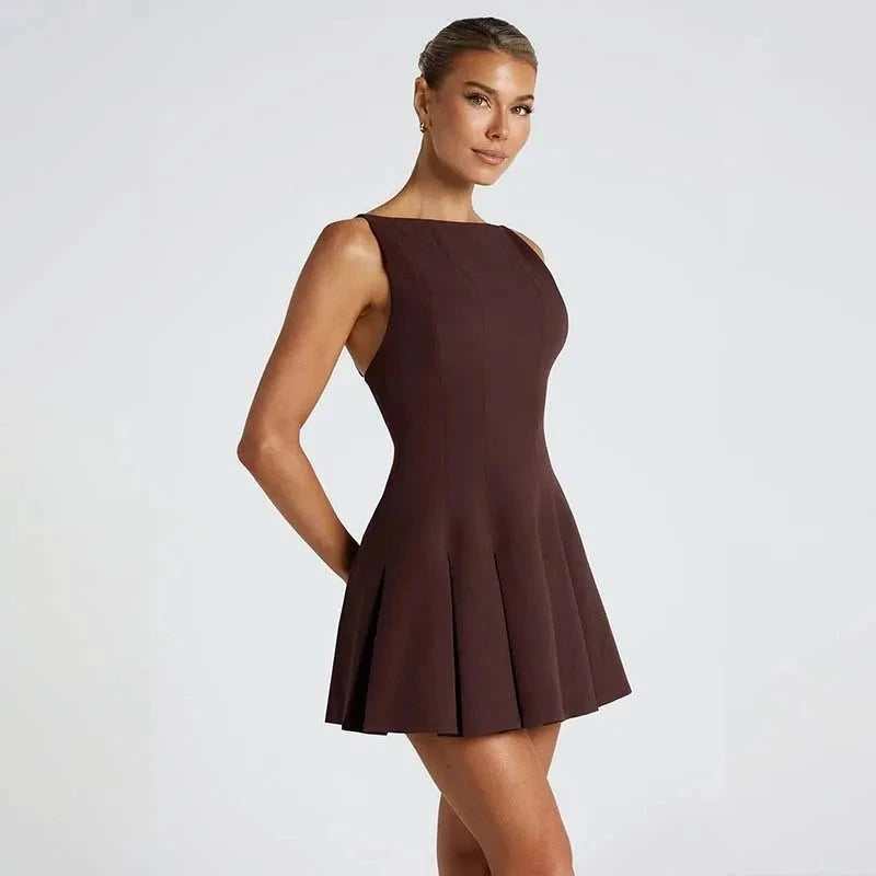 Lumina Vancouver Ranta Nightfall mini dress in brown, showcasing the fitted silhouette and stylish design.