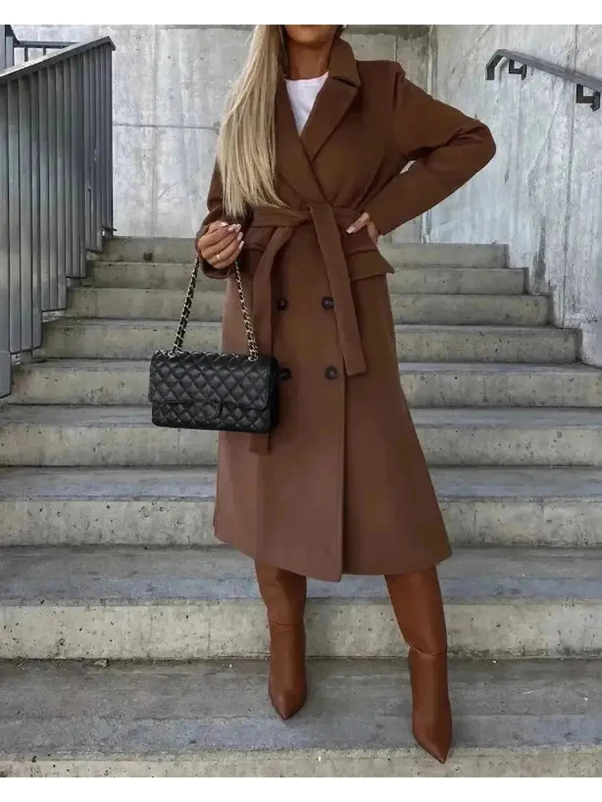 Lumina Vancouver Kim™ beige elegant double-breasted wool coat, stylish and warm for winter, shown on a model.