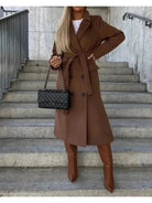 Lumina Vancouver Kim™ beige elegant double-breasted wool coat, stylish and warm for winter, shown on a model.