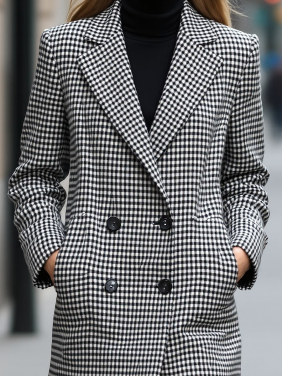 Black Enid double-breasted checked wool coat by Lumina Vancouver featuring a tailored fit and classic pattern.