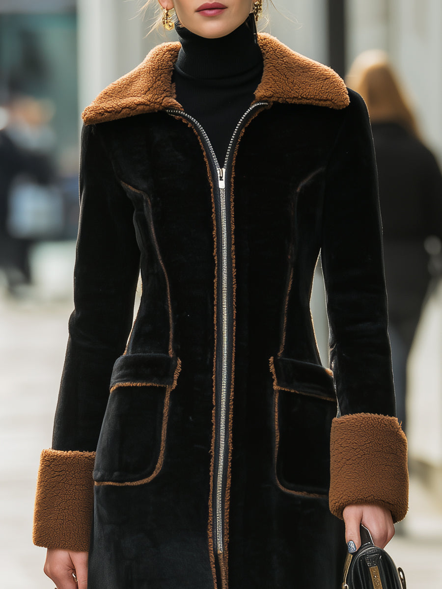 Elena | Long Plush Coat with Elegant Contrast Trim - Lumina - Lumina Vancouver