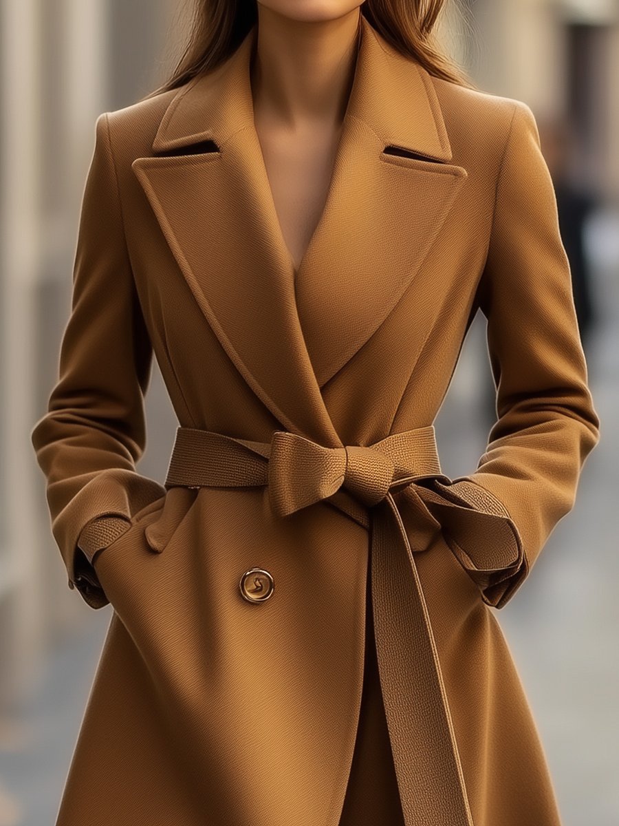 Camel wool trench coat by Lumina Vancouver with belted silhouette, shown on a model with a classic, tailored design.