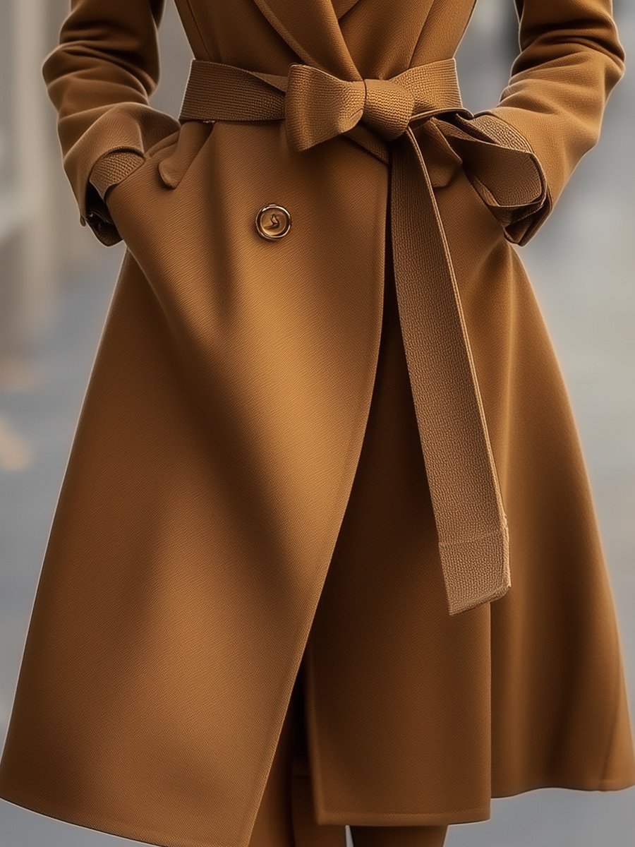 Camel wool trench coat with belt from Lumina Vancouver, featuring a classic silhouette and tailored design.