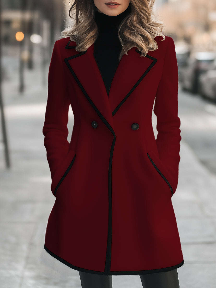 Lumina Vancouver double-breasted white coat with black trim, stylish women's coat featuring classic design and elegant details.