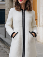 Lumina Vancouver Fern Polar Fleece Coat with contrast trim, white, XS, shown on model Elena, cozy winter outerwear.