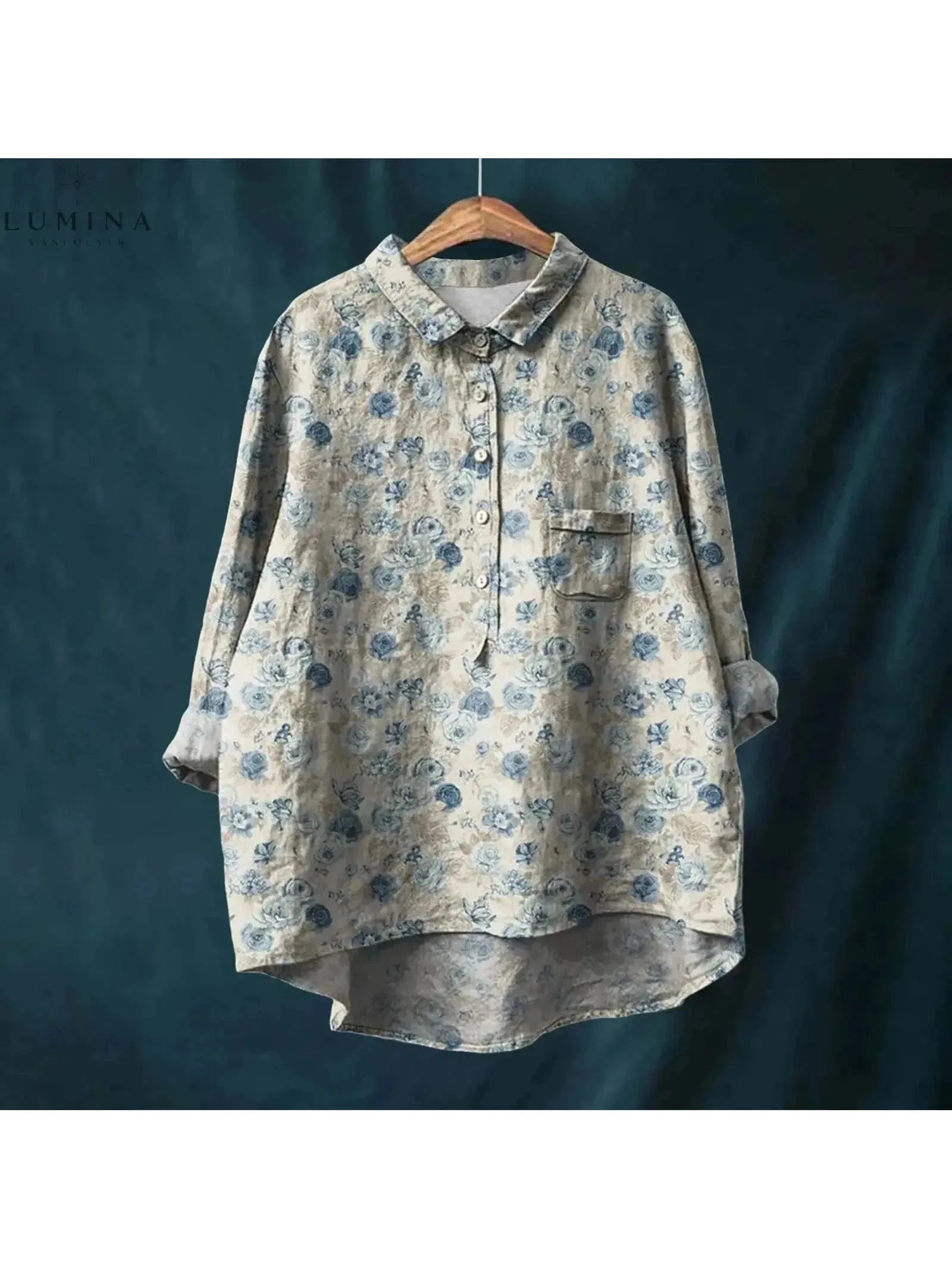 Gray Natasha Art Elegant Floral Collection Blouse by Lumina Vancouver featuring a stylish, artistic floral design on a lightweight blouse.