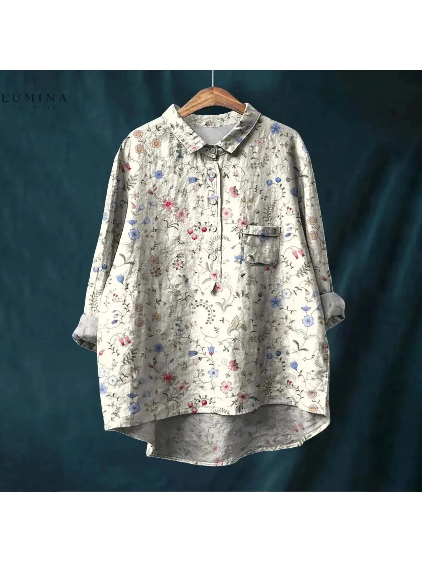 Gray Natasha Art Elegant Floral Shirt from Lumina Vancouver collection blouse, featuring a stylish floral design on a lightweight fabric.