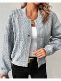 Grey Amaia cardigan by Lumina Wear, shown on a hanger with a soft knit texture and open-front design.