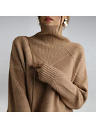 Lumina Vancouver Nora khaki turtleneck sweater, end sale, lightweight knit, close-up of fabric and neckline detail.