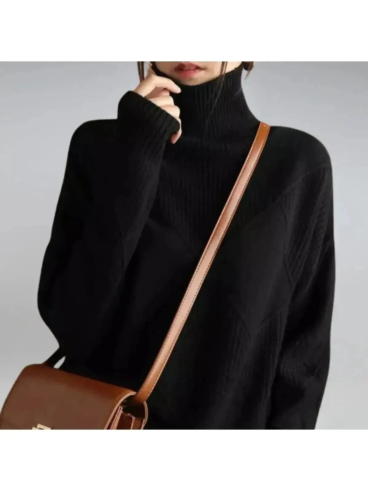 Lumina Vancouver Nora turtleneck sweater in khaki, front view showing cozy knit fabric and classic neckline.