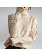 Lumina Vancouver Nora khaki turtleneck sweater, end sale, featuring a cozy fit and classic design, shown on a model.