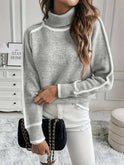 Lumina Wear Maura turtleneck sweater, cozy knit sweater in neutral color, close-up of fabric texture and high neckline.