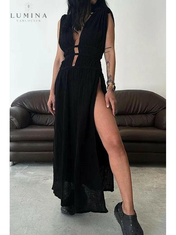 Beige Marylou Boho Maxi Dress by Lumina Vancouver showcasing a flowing, relaxed holiday vibe perfect for warm weather.