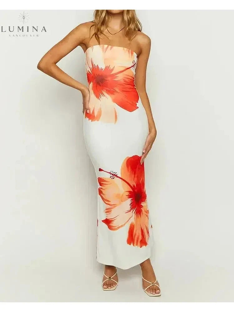 Lumina Wear Hawin bandeau summer dress in orange, lightweight fabric, sleeveless design, perfect for warm weather and casual outings.