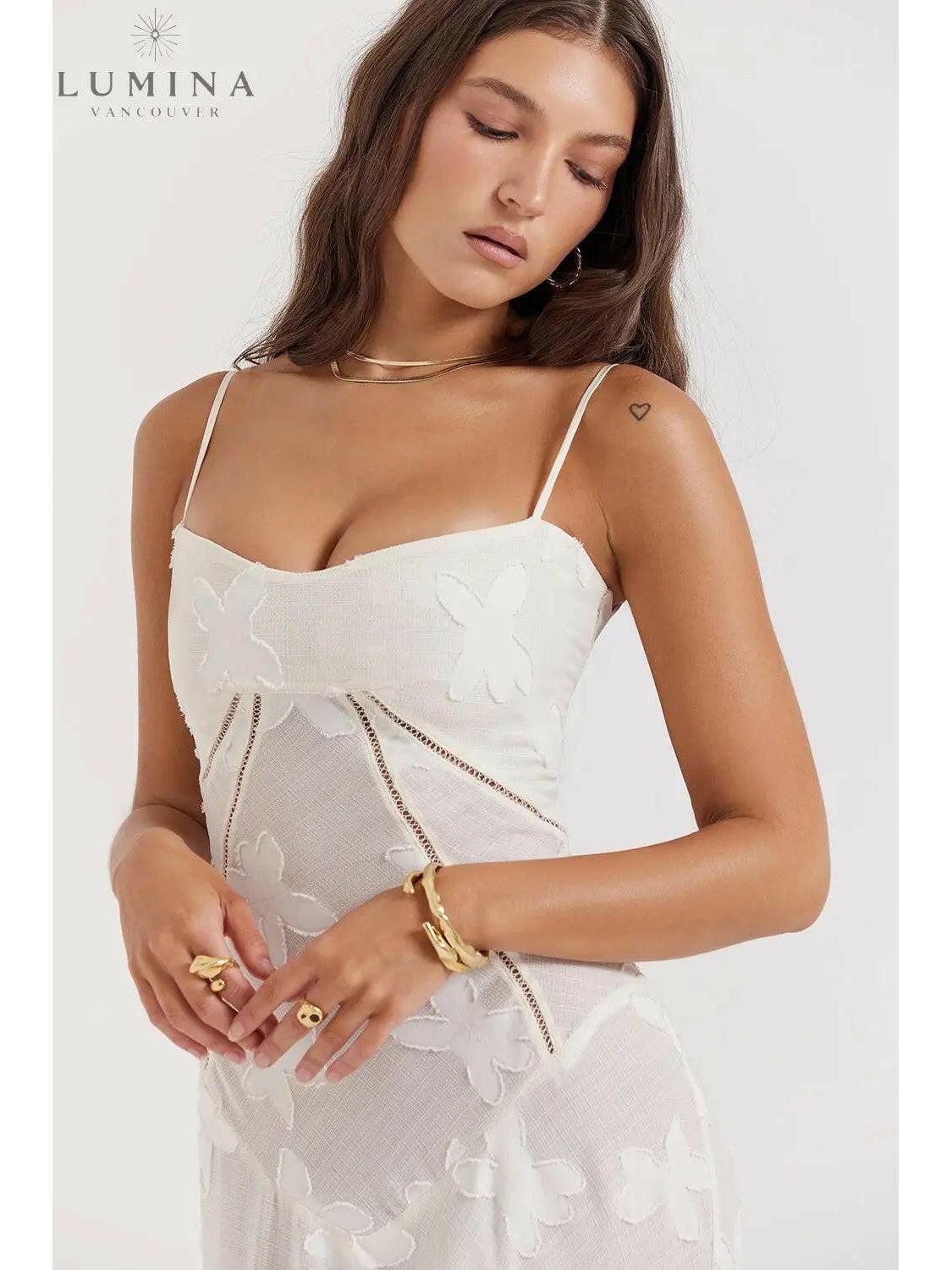 Lumina Vancouver Mireille romantic summer dress in white, perfect for holiday vibes, styled for warm weather and summer outings.