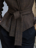 Brown textured blazer with belt from Lumina Wear, featuring a tailored fit and stylish design, worn by a model.