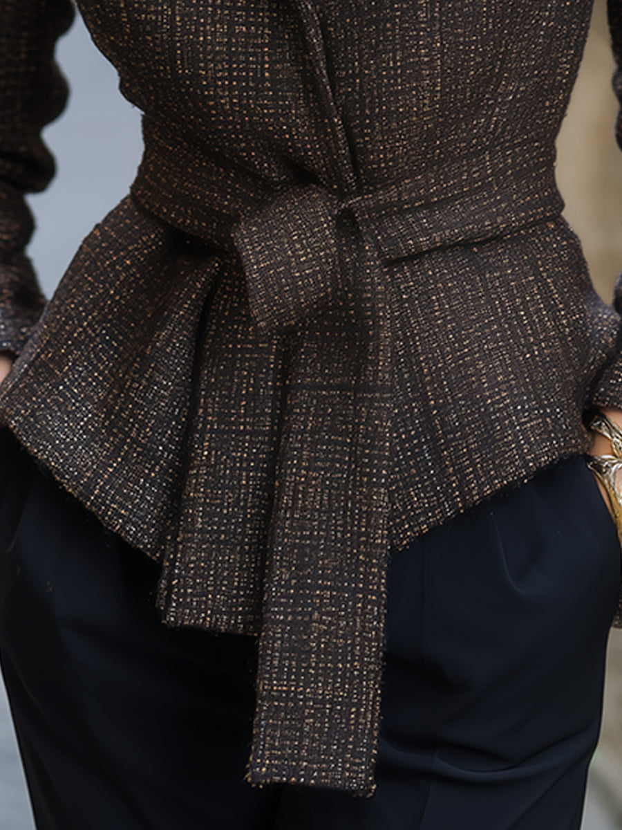 Brown textured blazer with belt from Lumina Wear, featuring a tailored fit and stylish design, worn by a model.