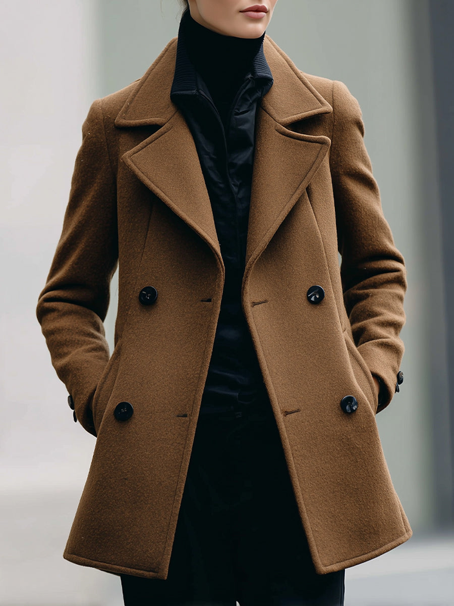 Camel double-breasted Lumina Vancouver Frankie jacket, lightweight coat with classic tailored fit, displayed on a hanger.