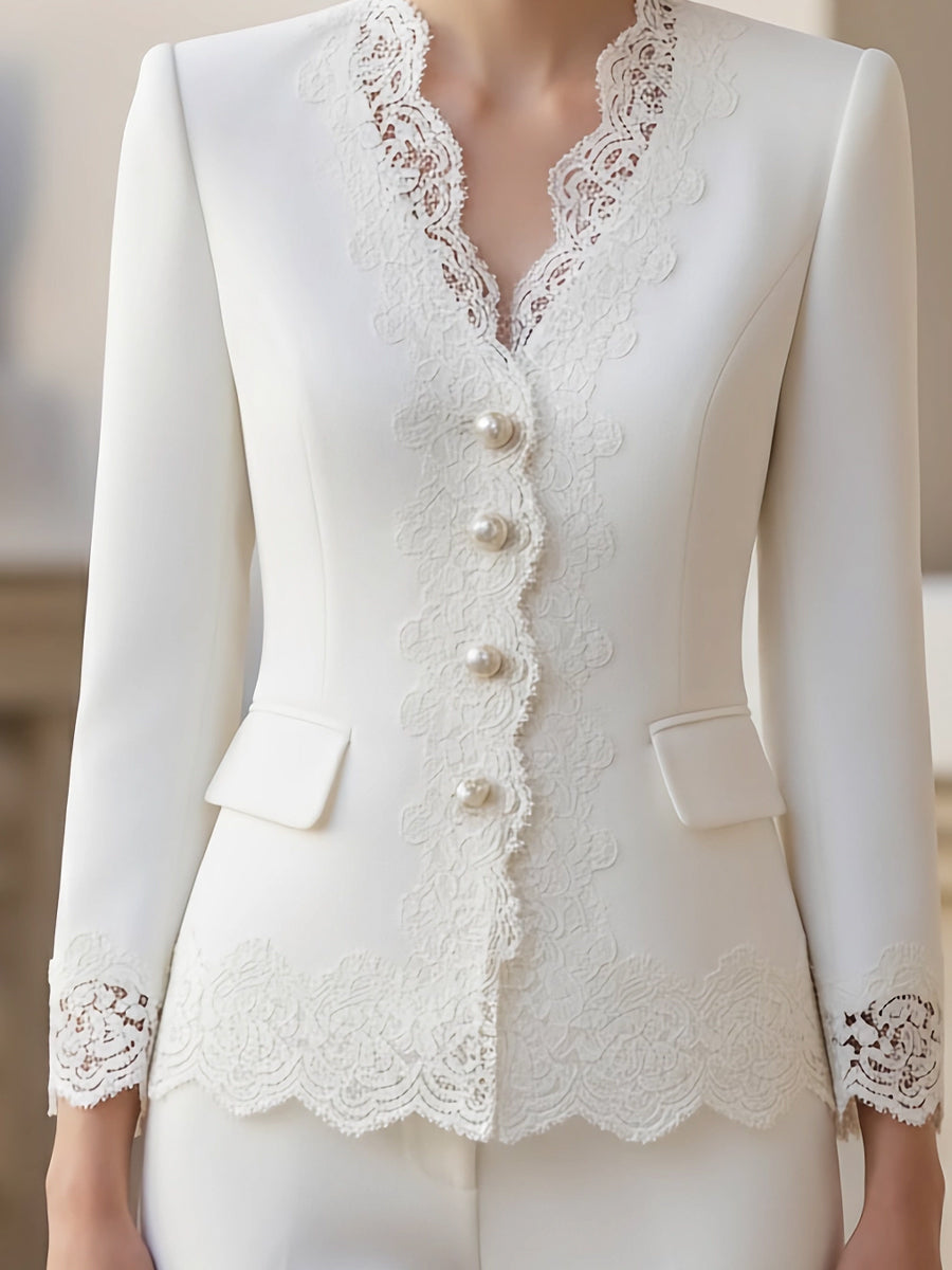 White Pearl Blazer jacket by Lumina Wear, tailored fit with lapel collar, shown on a model.