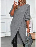 Khaki knitted Serena maxi dress by Lumina Wear featuring a long, flowing design and cozy knit texture.