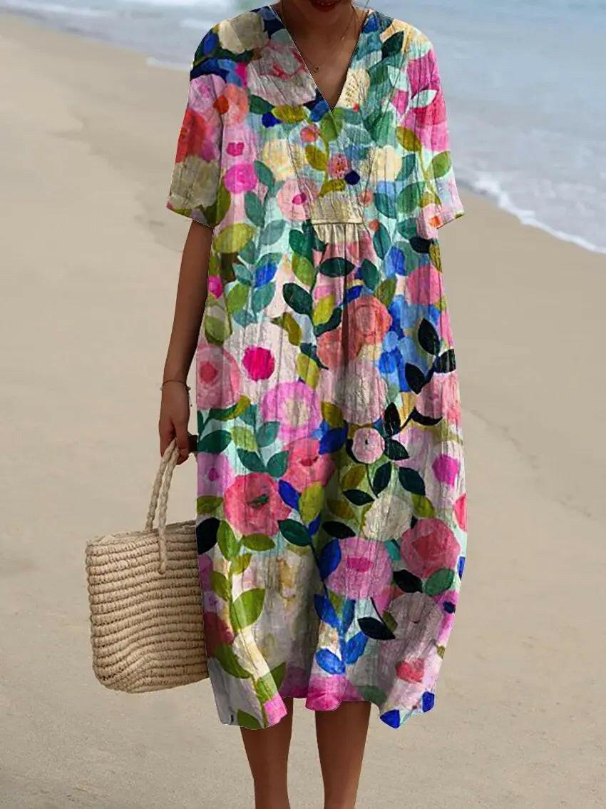 Lumina Vancouver Jovana multi-color flower dress with vibrant floral pattern, perfect for stylish spring or summer wear.