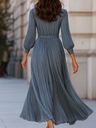 Steel blue pleated midi dress by Lumina Wear, Gwenna Maxi Dress in powder blue with flowing pleats and elegant design.