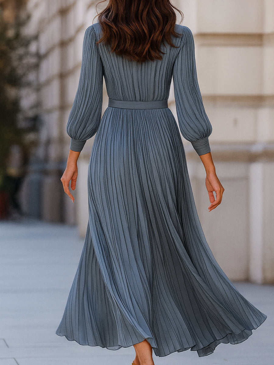 Steel blue pleated midi dress by Lumina Wear, Gwenna Maxi Dress in powder blue with flowing pleats and elegant design.