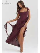 Brown Jacqueline Lumina Vancouver maxi dress featuring a flowing, comfortable design perfect for casual or special occasions.