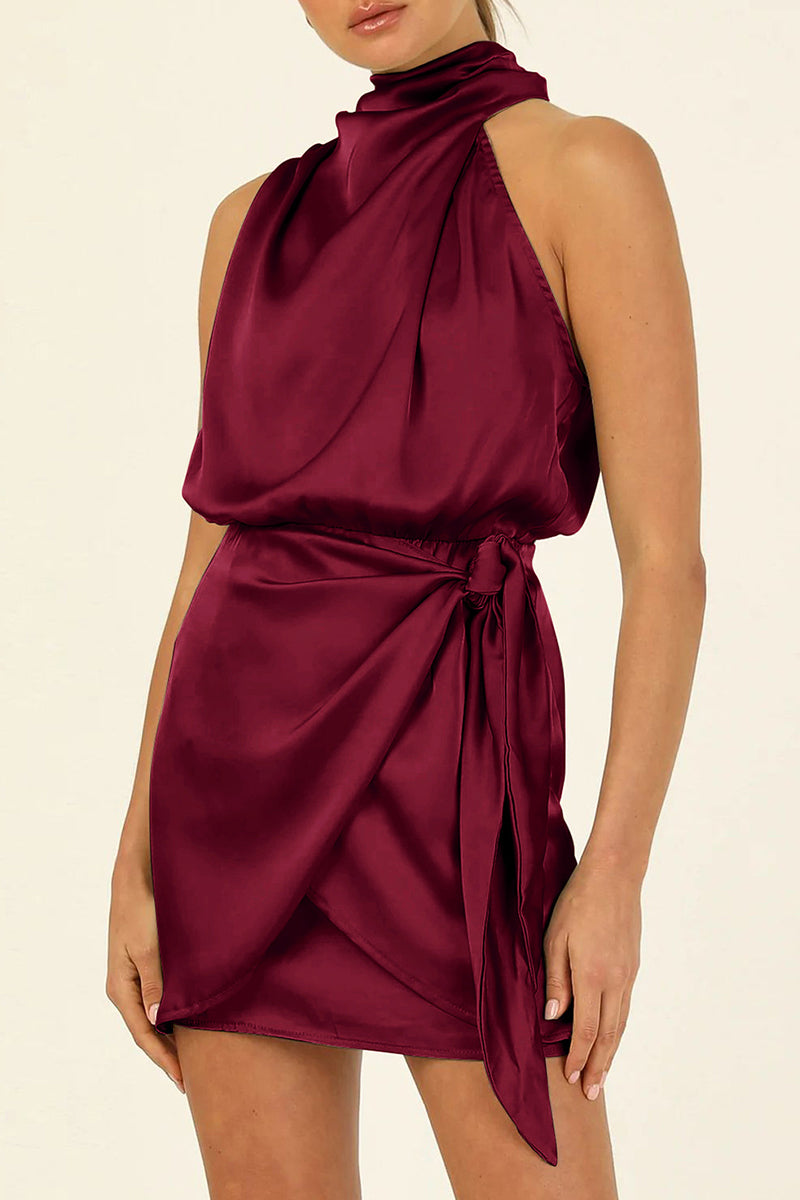 Apricot satin halter mini dress by Lumina Vancouver featuring a sleek fit and elegant design, perfect for stylish occasions.
