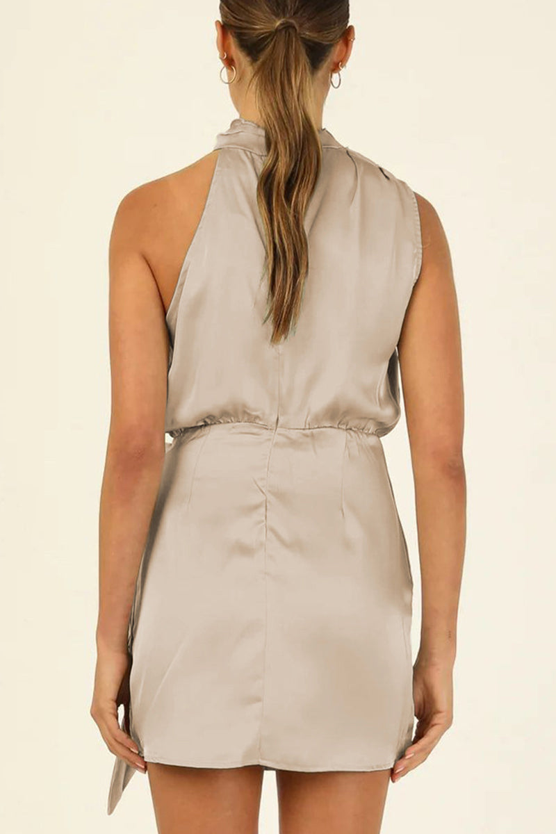 Apricot satin halter mini dress by Lumina Wear featuring a fitted silhouette and elegant design.