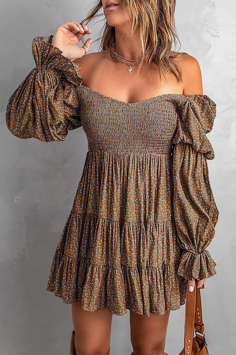 Apricot off-shoulder mini dress from Lumina Vancouver's Avalyn collection, featuring a stylish, fitted silhouette and elegant design.