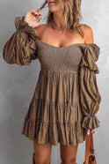 Avalyn off-shoulder mini dress in apricot color from Lumina Wear, featuring a stylish and feminine design.