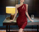 Apricot Yesenia one-shoulder sequin mini dress by Lumina Vancouver, featuring a fitted silhouette and shimmering embellishments.