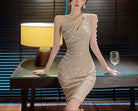 Apricot Yesenia one-shoulder sequin mini dress by Lumina Vancouver, featuring a fitted silhouette and shimmering sequins.