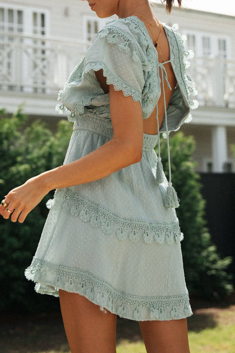 Baby blue bohemian mini dress by Lumina Vancouver featuring sunset-inspired boho style with flowing fabric and relaxed fit.