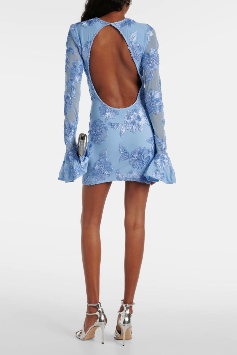 Women’s Mini Dress – Floral Embroidery – Open Back – Long Sleeve – Tailored Fit by Lumina Vancouver
