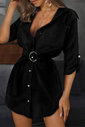 Black Aria Moonstone Ember mini shirt dress by Lumina Wear, featuring a stylish, casual design with a button-up front and collar.